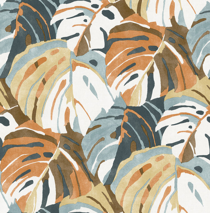 Samara Orange Monstera Leaf Wallpaper by A-Street Prints Pacifica Covers about 56.4 square feet 20.5-in by 33-ft long roll Unpasted 20.8 - Fabric Carolina -