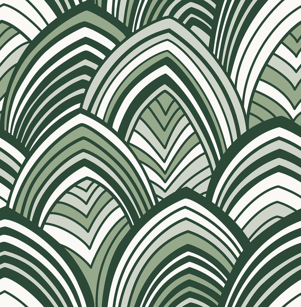Cabarita Green Art Deco Flocked Leaves Wallpaper by A-Street Prints Pacifica Covers about 56.4 square feet 20.5-in by 33-ft long roll Unpasted 21 - Fabric Carolina -