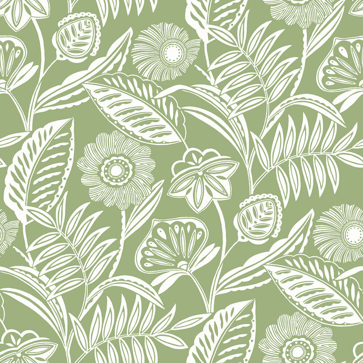 Alma Green Tropical Floral Wallpaper by A-Street Prints Pacifica Covers about 60.8 square feet 27-in by 27-ft long roll Unpasted 25.5 - Fabric Carolina -