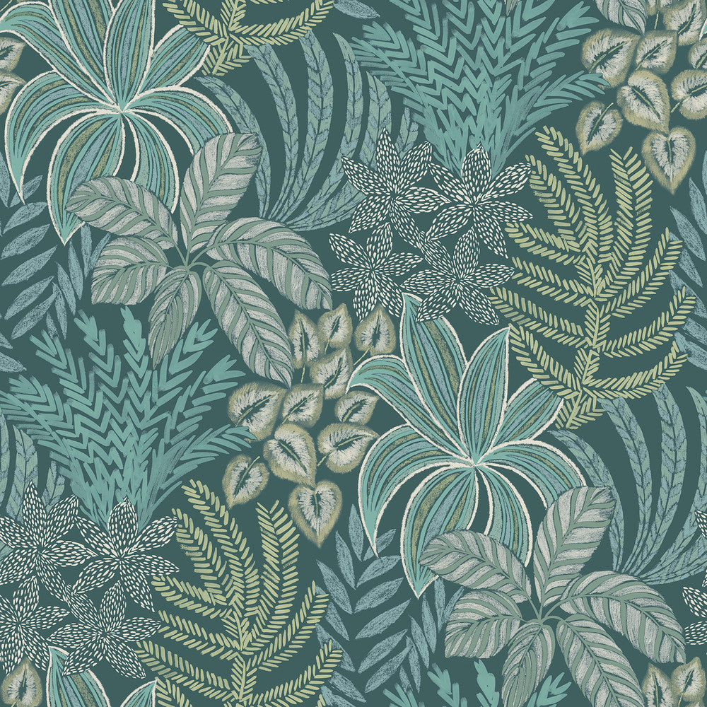 Sumner Teal Woodland Botanical Wallpaper by A-Street Prints Revival Covers about 60.8 square feet United States Unpasted 27-in repeat, straight match 27-in by 27-ft long roll - Fabric Carolina -