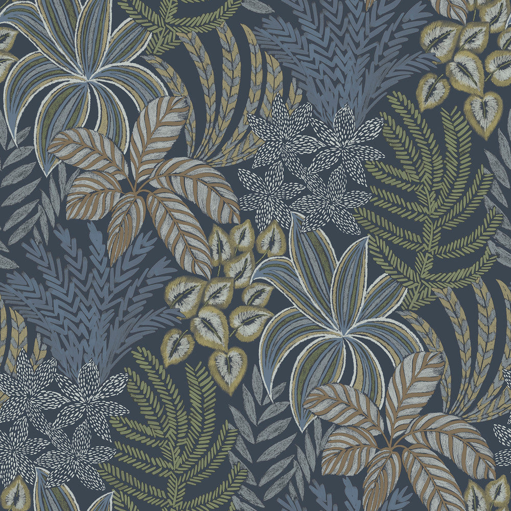 Sumner Navy Woodland Botanical Wallpaper by A-Street Prints Revival Covers about 60.8 square feet 27-in by 27-ft long roll Unpasted 27 - Fabric Carolina -