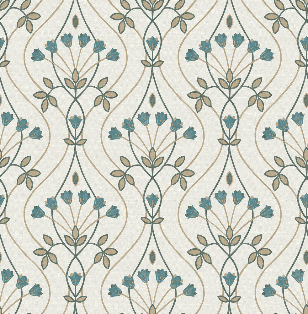 Dard Teal Tulip Ogee Wallpaper by A-Street Prints Revival Covers about 56.4 square feet 20.5-in by 33-ft long roll Unpasted 10.4 - Fabric Carolina -