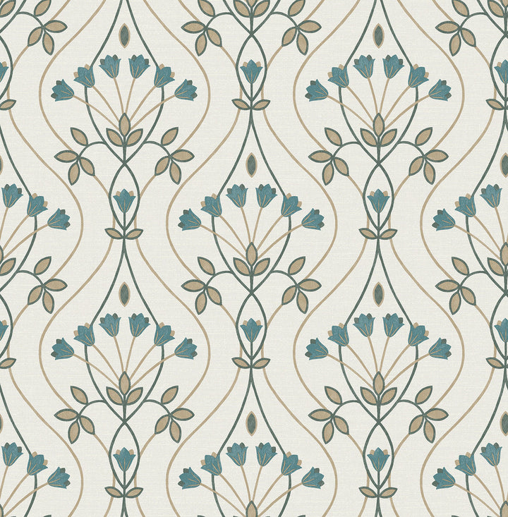 Dard Teal Tulip Ogee Wallpaper by A-Street Prints Revival Covers about 56.4 square feet 20.5-in by 33-ft long roll Unpasted 10.4 - Fabric Carolina -
