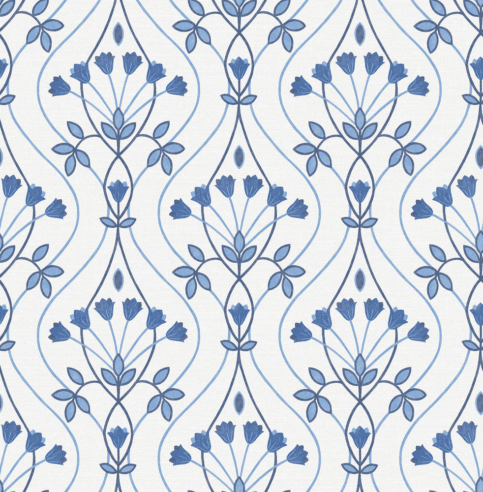 Dard Blue Tulip Ogee Wallpaper by A-Street Prints Revival Covers about 56.4 square feet 20.5-in by 33-ft long roll Unpasted 10.4 - Fabric Carolina -