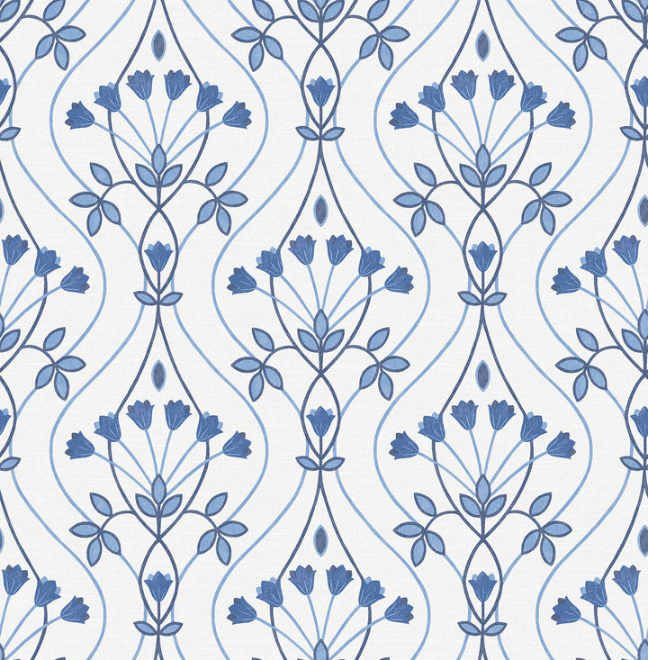Dard Blue Tulip Ogee Wallpaper by A-Street Prints Revival Covers about 56.4 square feet 20.5-in by 33-ft long roll Unpasted 10.4 - Fabric Carolina -
