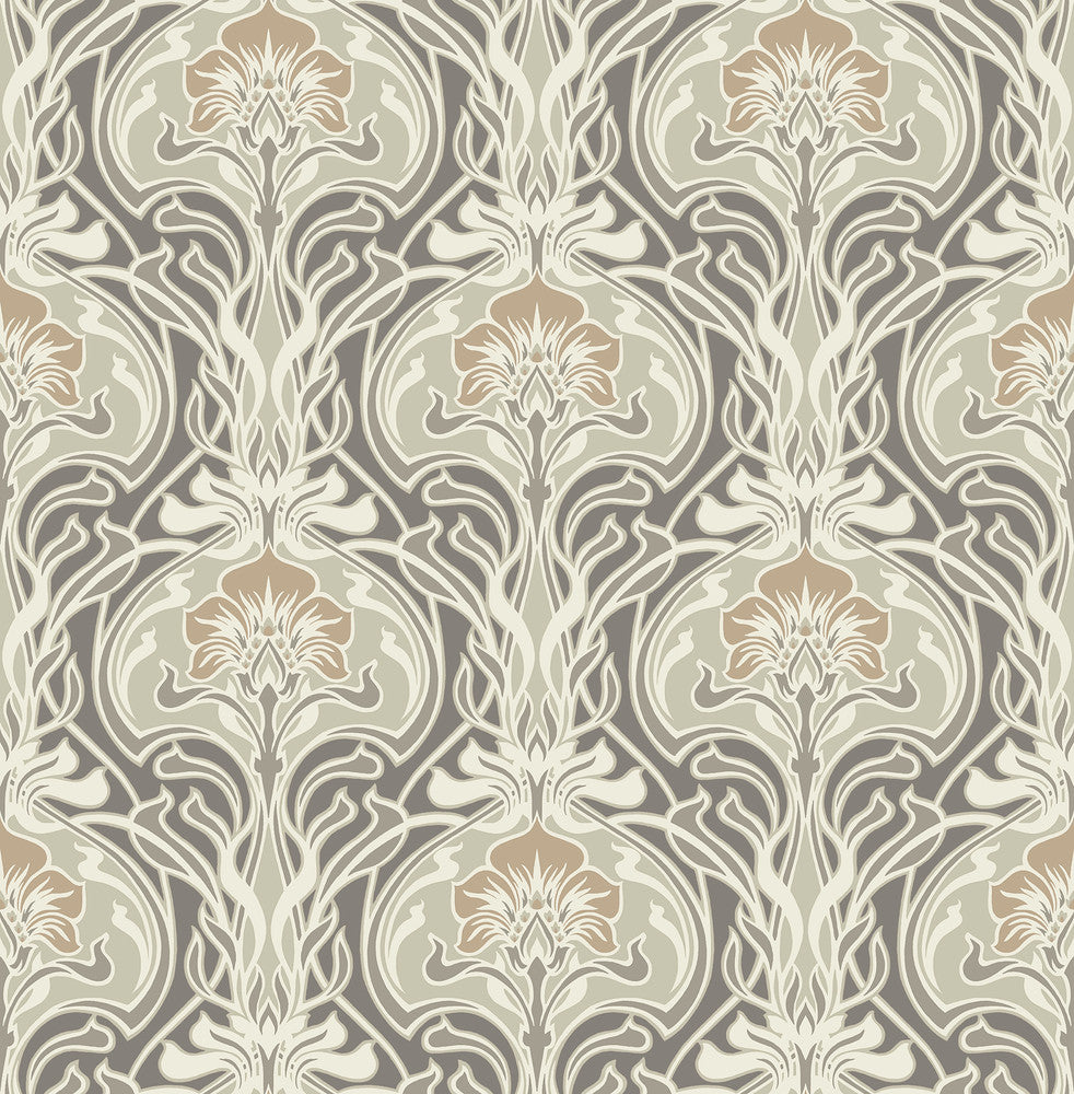 Mucha Dark Grey Botanical Ogee Wallpaper by A-Street Prints Revival Covers about 56.4 square feet 20.5-in by 33-ft long roll Unpasted 20.9 - Fabric Carolina -