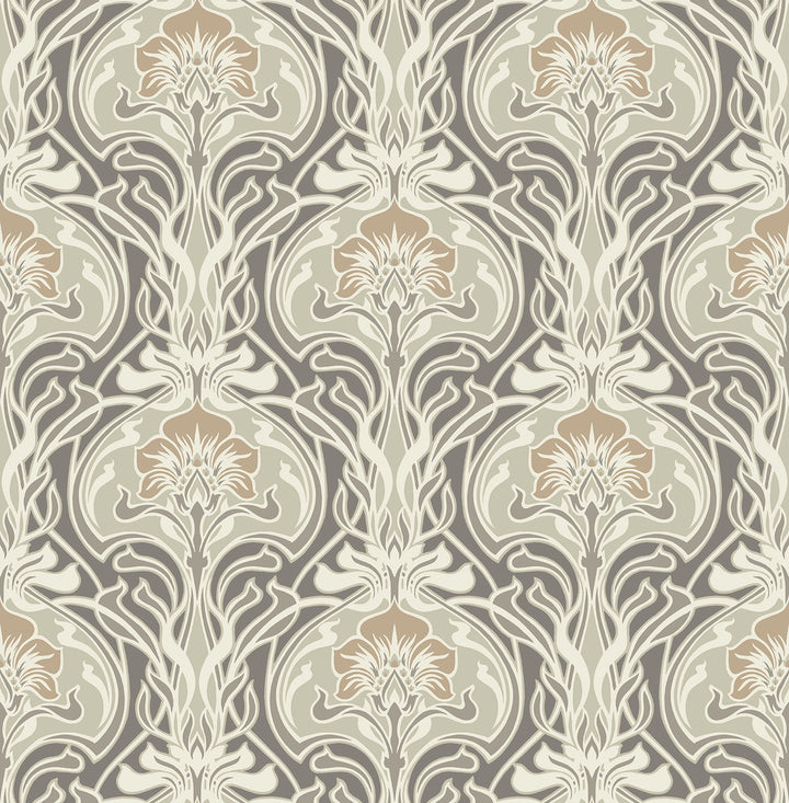 Mucha Dark Grey Botanical Ogee Wallpaper by A-Street Prints Revival Covers about 56.4 square feet 20.5-in by 33-ft long roll Unpasted 20.9 - Fabric Carolina -
