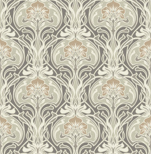 Mucha Dark Grey Botanical Ogee Wallpaper by A-Street Prints