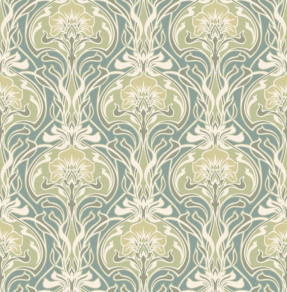 Mucha Teal Botanical Ogee Wallpaper by A-Street Prints Revival Covers about 56.4 square feet 20.5-in by 33-ft long roll Unpasted 20.9 - Fabric Carolina -