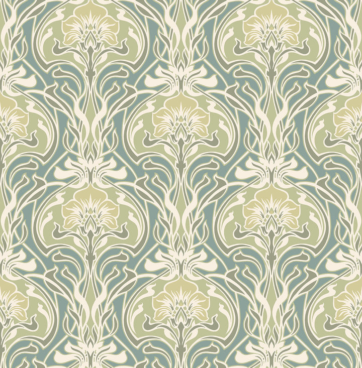 Mucha Teal Botanical Ogee Wallpaper by A-Street Prints Revival Covers about 56.4 square feet 20.5-in by 33-ft long roll Unpasted 20.9 - Fabric Carolina -