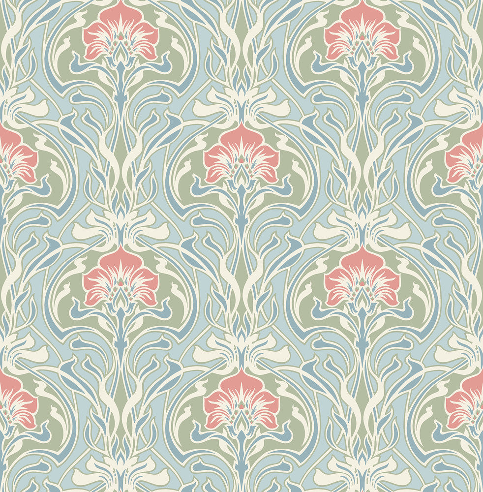 Mucha Light Blue Botanical Ogee Wallpaper by A-Street Prints Revival Covers about 56.4 square feet 20.5-in by 33-ft long roll Unpasted 20.9 - Fabric Carolina -