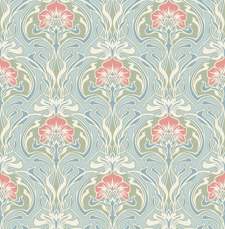 Mucha Light Blue Botanical Ogee Wallpaper by A-Street Prints Revival Covers about 56.4 square feet 20.5-in by 33-ft long roll Unpasted 20.9 - Fabric Carolina -