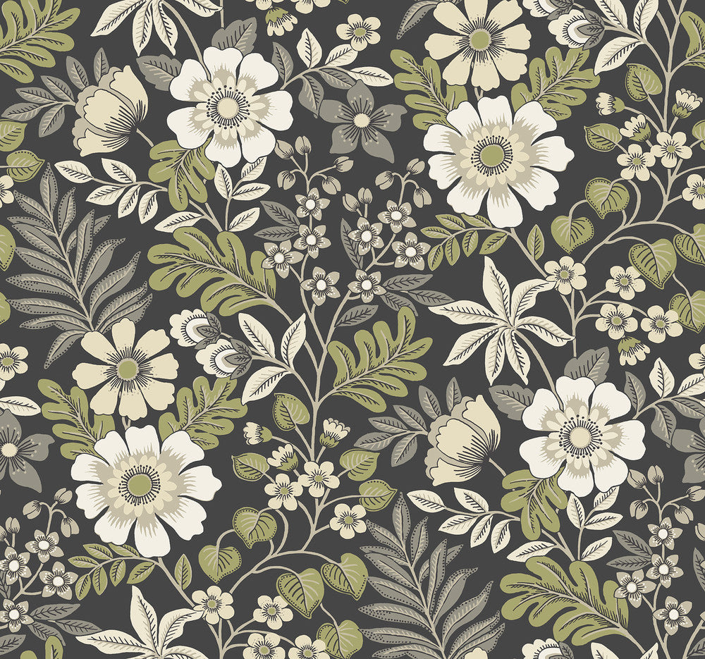 Voysey Black Floral Wallpaper by A-Street Prints Revival Covers about 60.8 square feet 27-in by 27-ft long roll Unpasted 25.25 - Fabric Carolina -