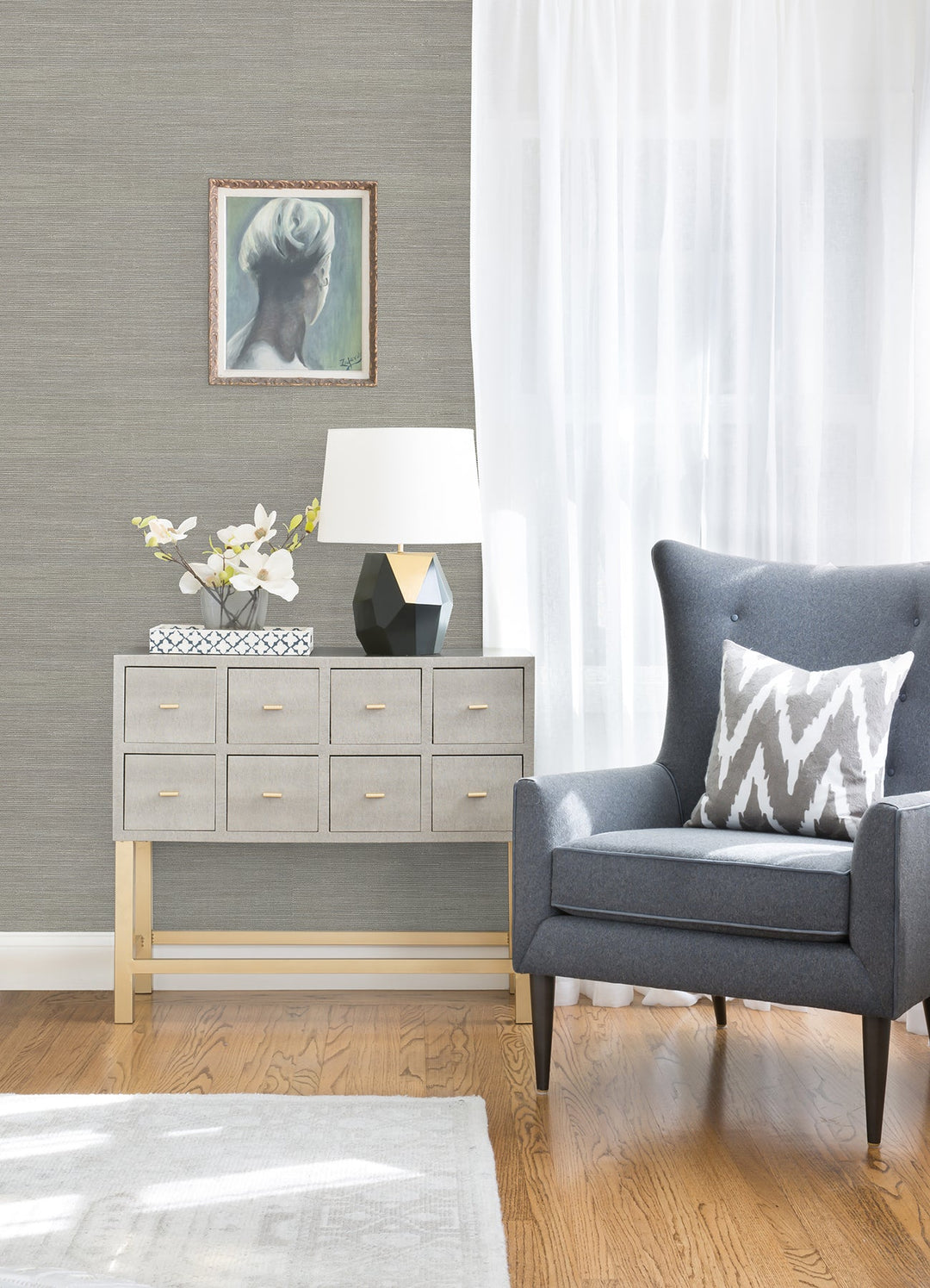 Liaohe Silver Raffia Grasscloth Wallpaper by A-Street Prints Designer