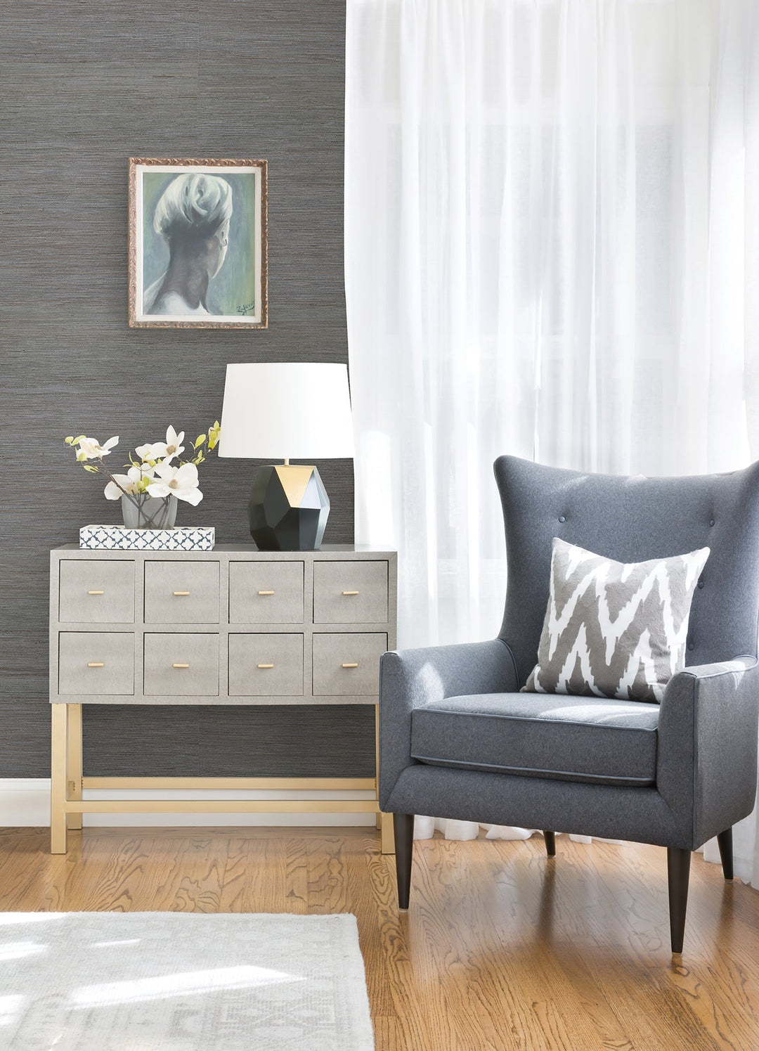 Shandong Slate Ramie Grasscloth Wallpaper by A-Street Prints Designer