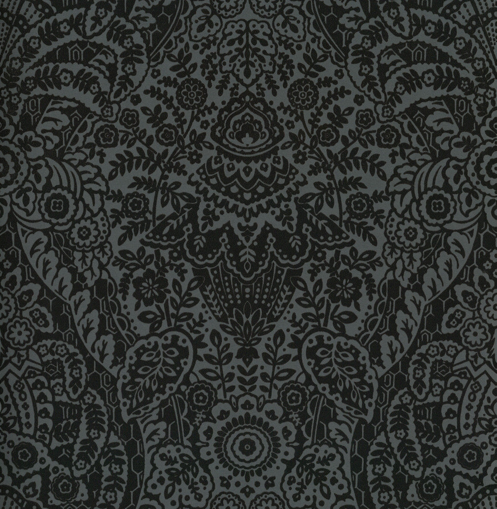 Maris Charcoal Flock Damask Wallpaper by A-Street Prints Daylight Covers about 56.4 square feet 20.5-in by 33-ft long roll Unpasted 21 - Fabric Carolina -