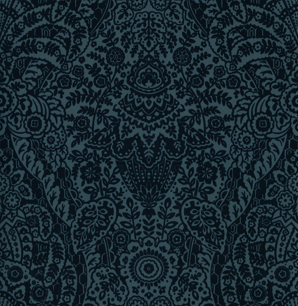 Maris Indigo Flock Damask Wallpaper by A-Street Prints Daylight Covers about 56.4 square feet 20.5-in by 33-ft long roll Unpasted 21 - Fabric Carolina -
