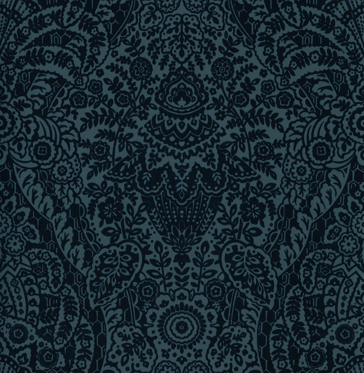 Maris Indigo Flock Damask Wallpaper by A-Street Prints Daylight Covers about 56.4 square feet 20.5-in by 33-ft long roll Unpasted 21 - Fabric Carolina -
