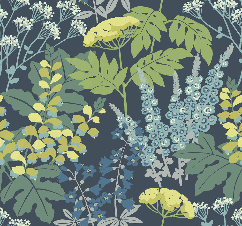 Brie Dark Blue Forest Flowers Wallpaper by A-Street Prints Daylight Covers about 60.8 square feet 27-in by 27-ft long roll Unpasted 25.25 - Fabric Carolina -