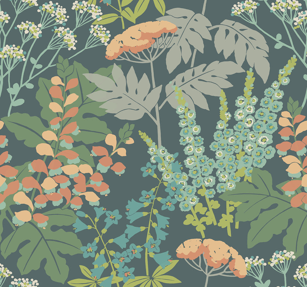 Brie Teal Forest Flowers Wallpaper by A-Street Prints Daylight Covers about 60.8 square feet 27-in by 27-ft long roll Unpasted 25.25 - Fabric Carolina -