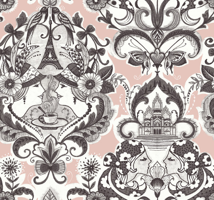 Sadie Blush Parisian Damask Wallpaper by A-Street Prints Daylight Covers about 60.8 square feet 27-in by 27-ft long roll Unpasted 25.25 - Fabric Carolina -