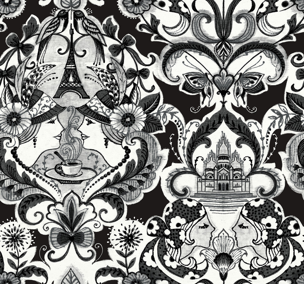 Sadie Black Parisian Damask Wallpaper by A-Street Prints Daylight Covers about 60.8 square feet 27-in by 27-ft long roll Unpasted 25.25 - Fabric Carolina -