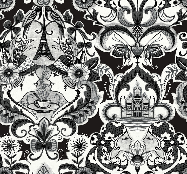 Sadie Black Parisian Damask Wallpaper by A-Street Prints Daylight Covers about 60.8 square feet 27-in by 27-ft long roll Unpasted 25.25 - Fabric Carolina -