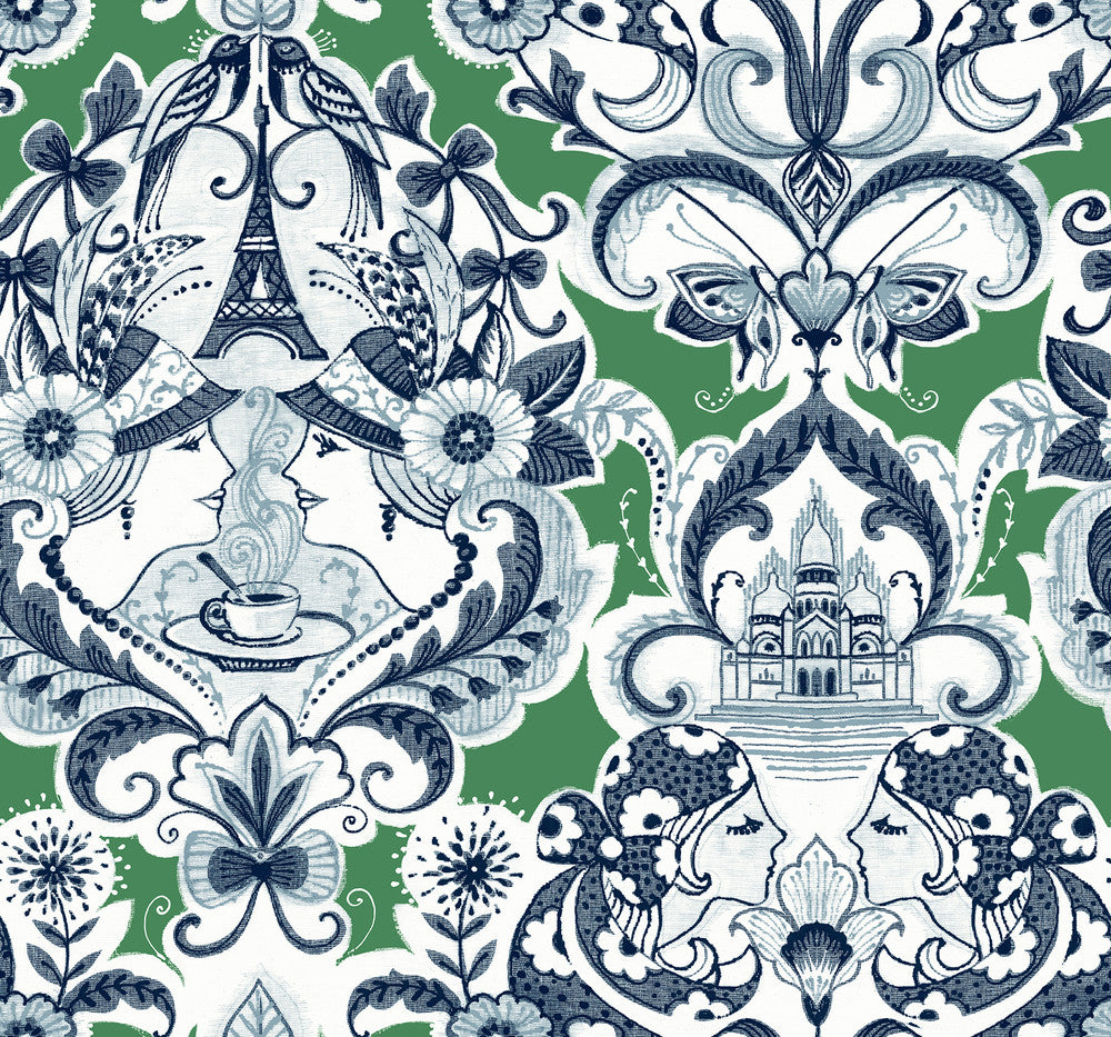 Sadie Green Parisian Damask Wallpaper by A-Street Prints Daylight Covers about 60.8 square feet 27-in by 27-ft long roll Unpasted 25.25 - Fabric Carolina -