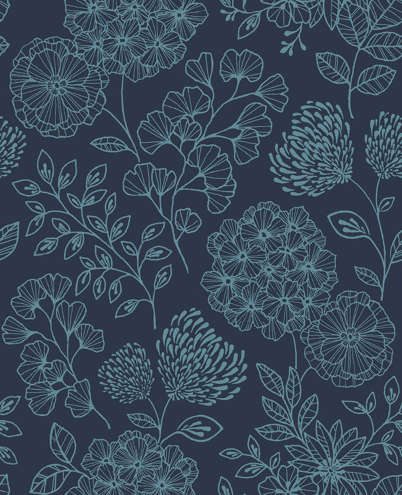 Ada Indigo Floral Wallpaper by A-Street Prints Scott Living II Covers about 56.4 square feet 20.5-in by 33-ft long roll Unpasted 25.2 - Fabric Carolina -