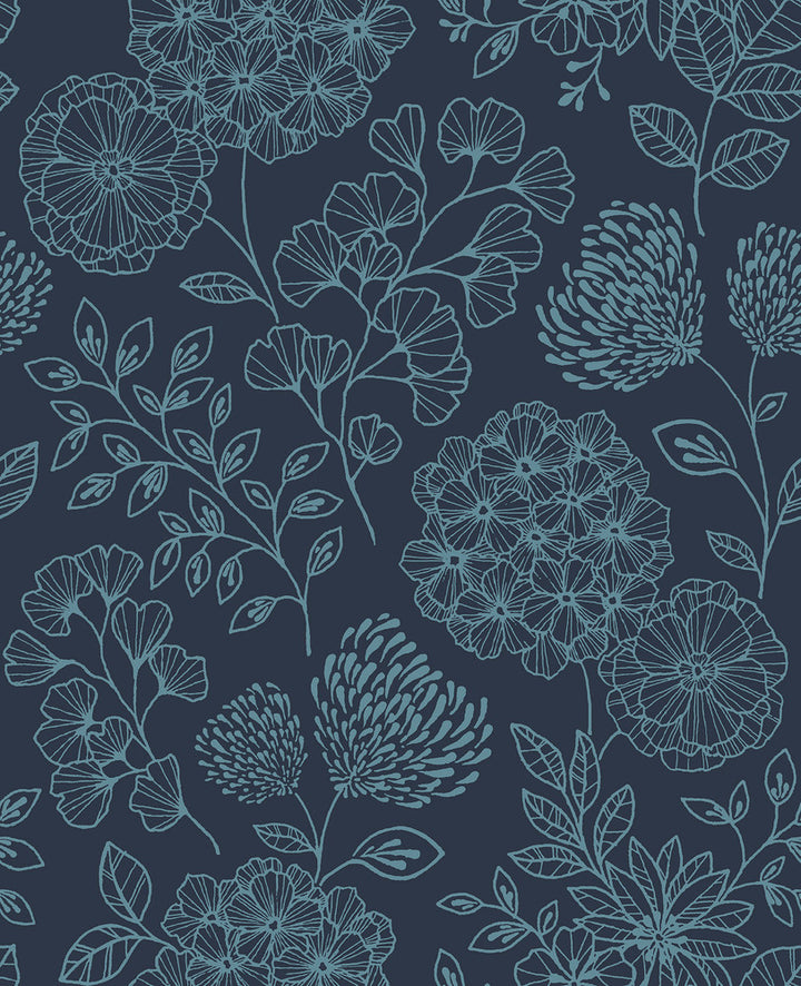 Ada Indigo Floral Wallpaper by A-Street Prints Scott Living II Covers about 56.4 square feet 20.5-in by 33-ft long roll Unpasted 25.2 - Fabric Carolina -