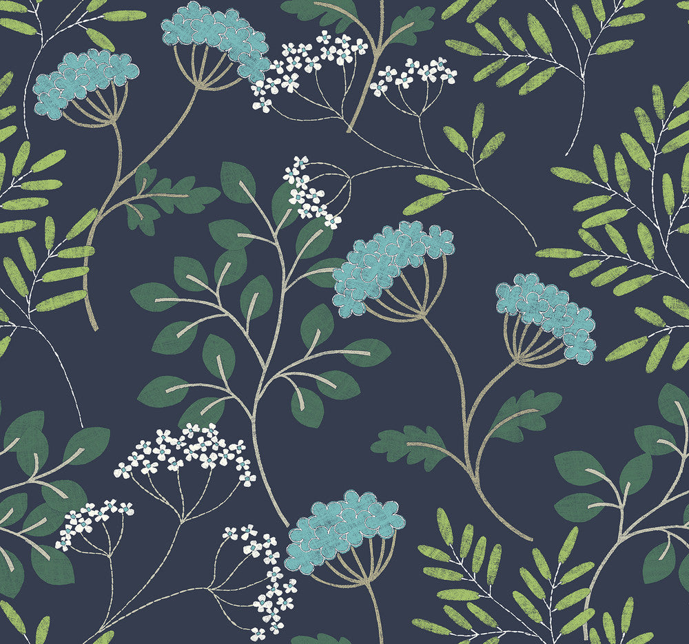 Sorrel Navy Botanical Wallpaper by A-Street Prints Scott Living II Covers about 60.8 square feet 27-in by 27-ft long roll Unpasted 25.2 - Fabric Carolina -