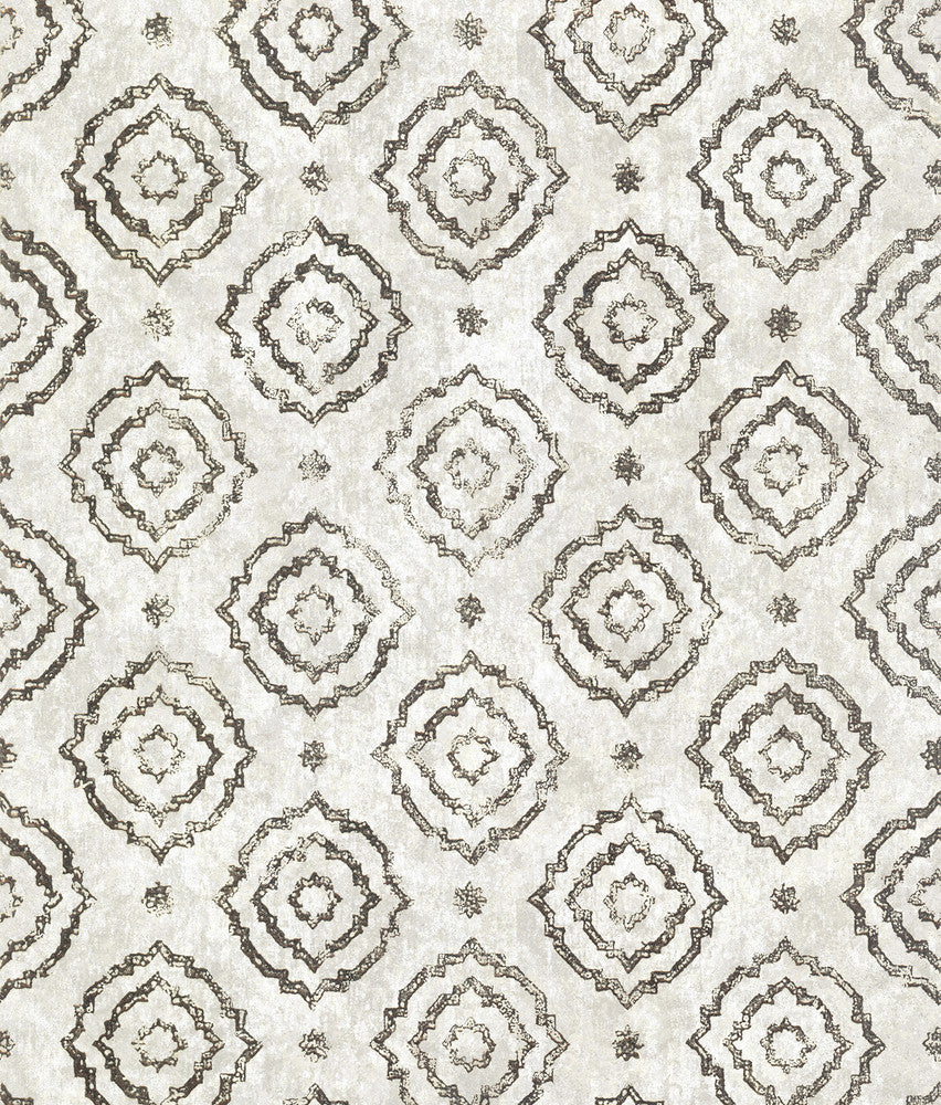 Uma Platinum Medallion Wallpaper by A-Street Prints Grey Resource Covers about 75.9 square feet China Unpasted 25.2-in repeat, straight match 27.6-in by 33-ft long roll - Fabric Carolina -