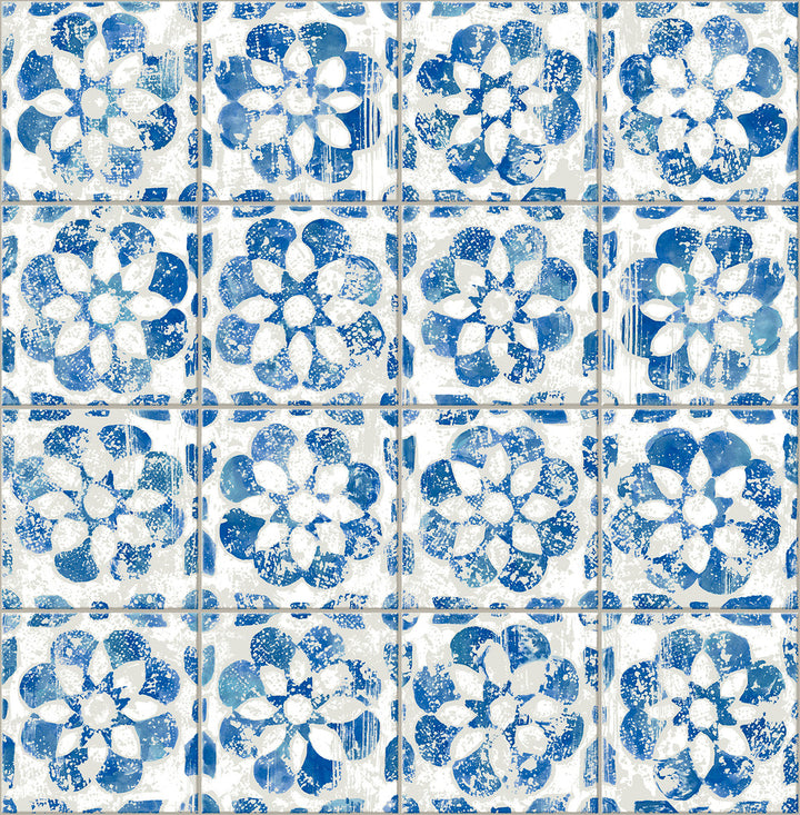 Izeda Blue Floral Tile Wallpaper by Advantage Splash Covers about 56.4 square feet 20.5-in by 33-ft long roll Unpasted 20.9 - Fabric Carolina -