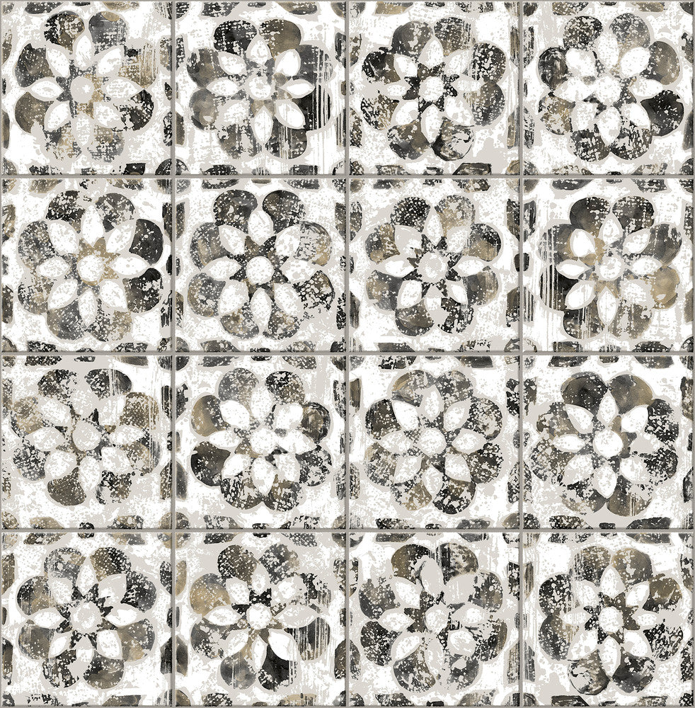 Izeda Black Floral Tile Wallpaper by Advantage Splash Covers about 56.4 square feet 20.5-in by 33-ft long roll Unpasted 20.9 - Fabric Carolina -