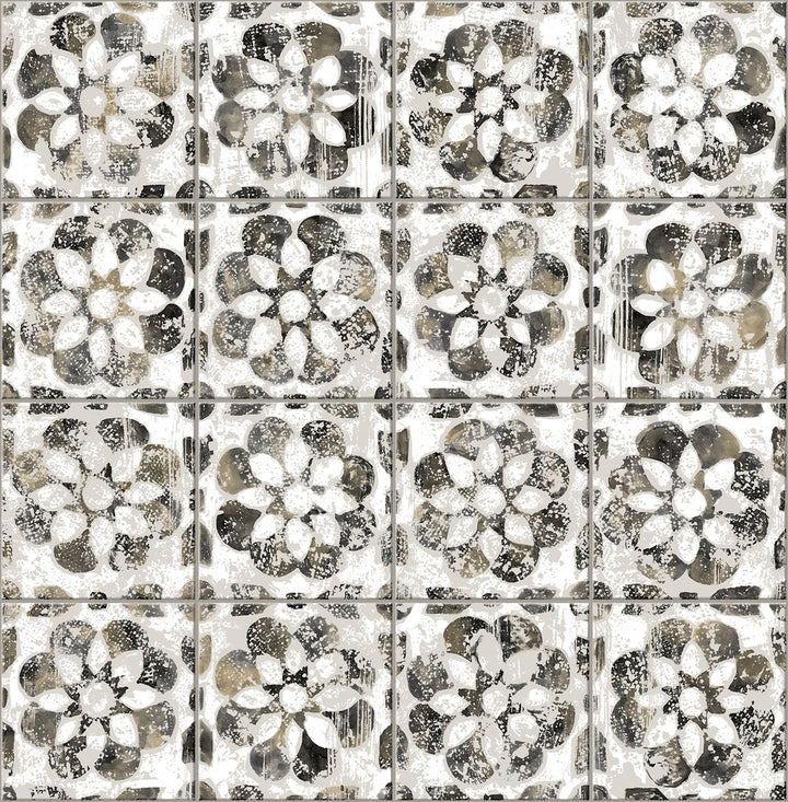 Izeda Black Floral Tile Wallpaper by Advantage Splash Covers about 56.4 square feet 20.5-in by 33-ft long roll Unpasted 20.9 - Fabric Carolina -