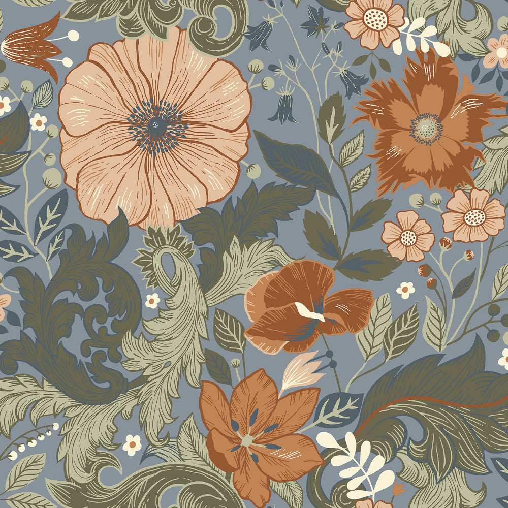 Victoria Blue Floral Nouveau Wallpaper by A-Street Prints Annelie Covers about 57.5 square feet 20.9-in by 33-ft long roll Unpasted 20.9 - Fabric Carolina -