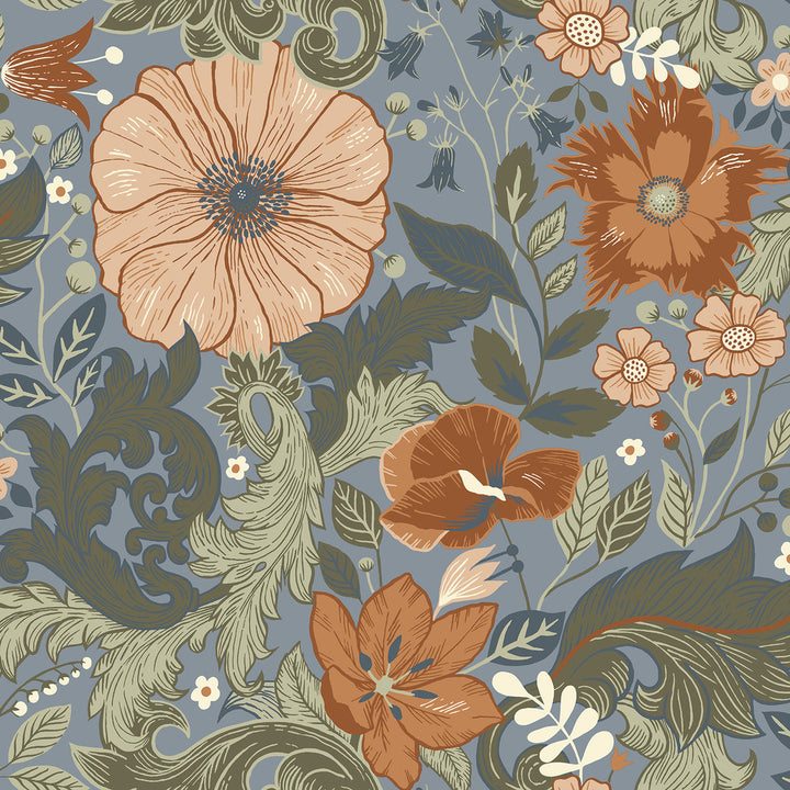 Victoria Blue Floral Nouveau Wallpaper by A-Street Prints Annelie Covers about 57.5 square feet 20.9-in by 33-ft long roll Unpasted 20.9 - Fabric Carolina -