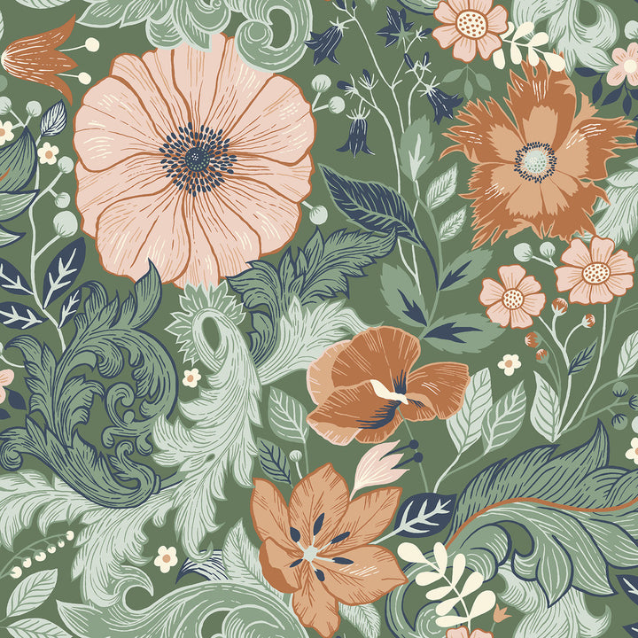 Victoria Green Floral Nouveau Wallpaper by A-Street Prints Annelie Covers about 57.5 square feet 20.9-in by 33-ft long roll Unpasted 20.9 - Fabric Carolina -