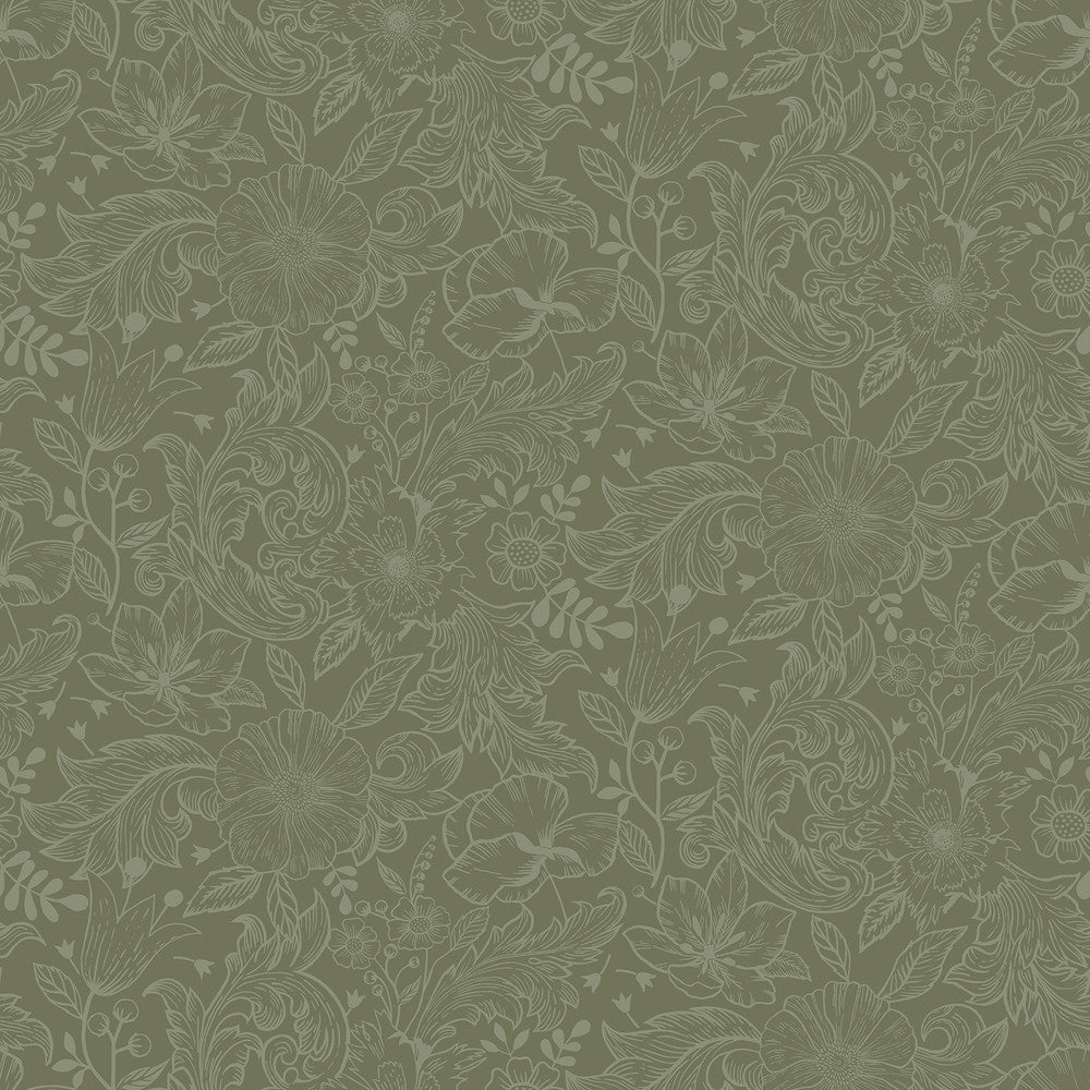 Wilma Green Floral Block Print Wallpaper by A-Street Prints Annelie Covers about 57.5 square feet 20.9-in by 33-ft long roll Unpasted 10.4 - Fabric Carolina -