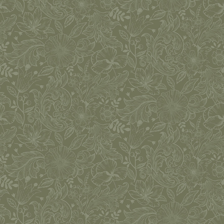 Wilma Green Floral Block Print Wallpaper by A-Street Prints Annelie Covers about 57.5 square feet 20.9-in by 33-ft long roll Unpasted 10.4 - Fabric Carolina -
