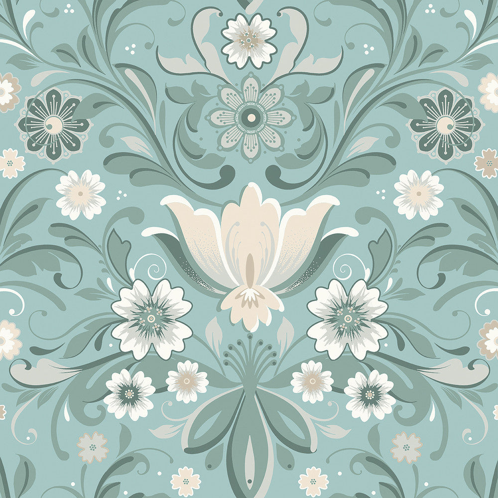 Ostanskar Turquoise Retro Floral Wallpaper by A-Street Prints Annelie Covers about 57.5 square feet 20.9-in by 33-ft long roll Unpasted 20.9 - Fabric Carolina -