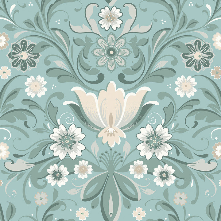 Ostanskar Turquoise Retro Floral Wallpaper by A-Street Prints Annelie Covers about 57.5 square feet 20.9-in by 33-ft long roll Unpasted 20.9 - Fabric Carolina -