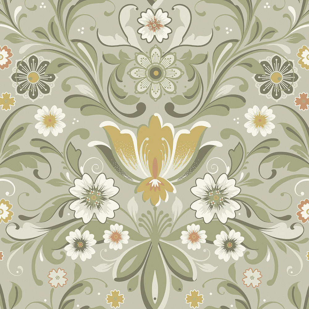 Ostanskar Green Retro Floral Wallpaper by A-Street Prints Annelie Covers about 57.5 square feet 20.9-in by 33-ft long roll Unpasted 20.9 - Fabric Carolina -