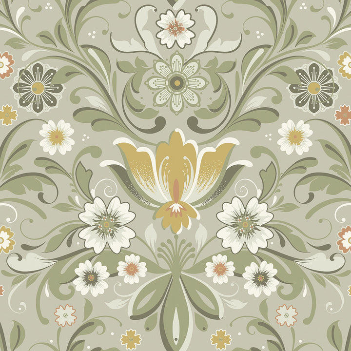 Ostanskar Green Retro Floral Wallpaper by A-Street Prints Annelie Covers about 57.5 square feet 20.9-in by 33-ft long roll Unpasted 20.9 - Fabric Carolina -