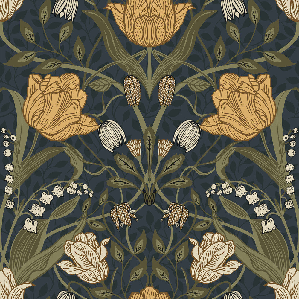 Filippa Navy Tulip Wallpaper by A-Street Prints Annelie Covers about 57.5 square feet 20.9-in by 33-ft long roll Unpasted 20.9 - Fabric Carolina -