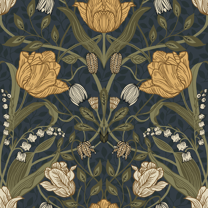 Filippa Navy Tulip Wallpaper by A-Street Prints Annelie Covers about 57.5 square feet 20.9-in by 33-ft long roll Unpasted 20.9 - Fabric Carolina -