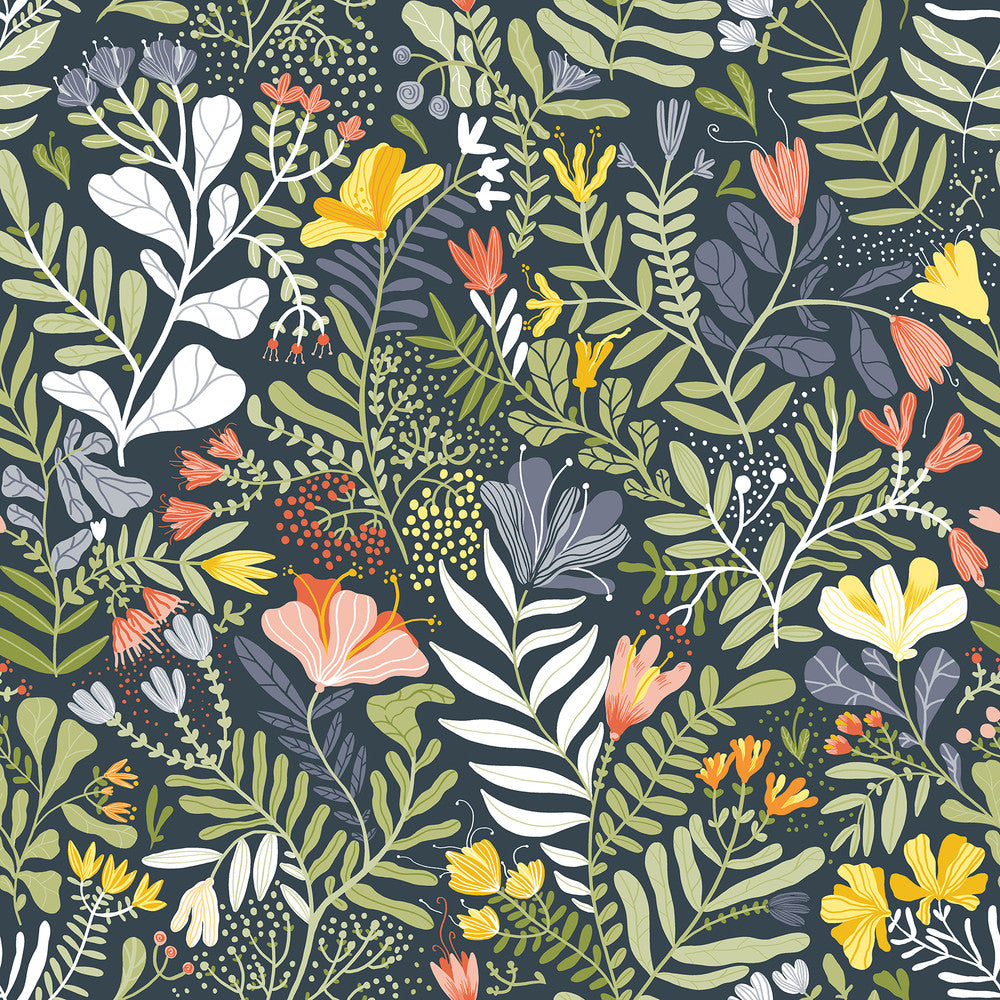 Brittsommar Navy Blue Woodland Floral Wallpaper by A-Street Prints Annelie Covers about 57.5 square feet 20.9-in by 33-ft long roll Unpasted 20.9 - Fabric Carolina -