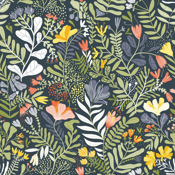 Brittsommar Navy Blue Woodland Floral Wallpaper by A-Street Prints Annelie Covers about 57.5 square feet 20.9-in by 33-ft long roll Unpasted 20.9 - Fabric Carolina -