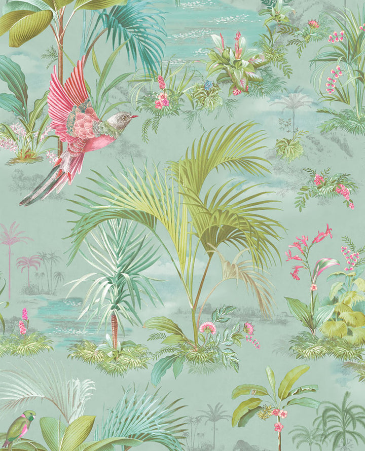 Calliope Light Blue Palm Scenes Wallpaper by Eijffinger Pip Studio Vol. 5 Covers about 56.4 square feet 20.5-in by 33-ft long roll Unpasted 25.2 - Fabric Carolina -