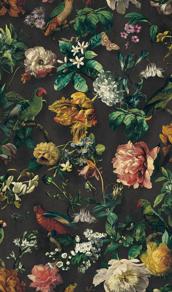 Claude Black Floral Wallpaper by Eijffinger Museum Covers about 56.4 square feet 20.5-in by 33-ft long roll Unpasted 35.5 - Fabric Carolina -